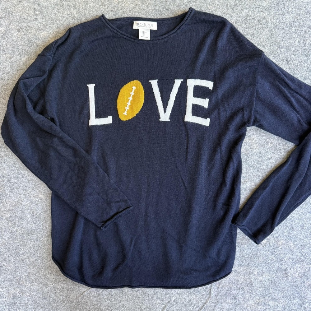 Rachel Zoe Sweater Womens Large Blue LOVE Football Graphic Crewneck Pullover
